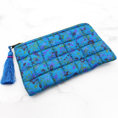 Blue Silk Sari Upcycled Quilted Jewellery Bag