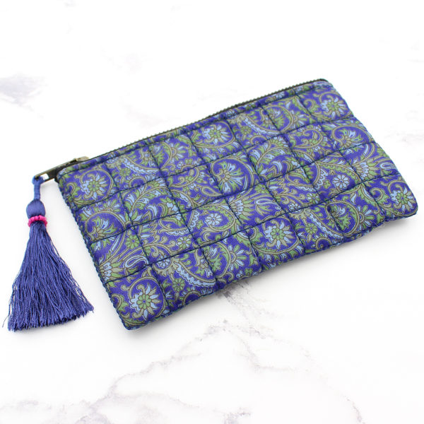 Purple & Green Print Silk Sari Upcycled Quilted Jewellery Bag