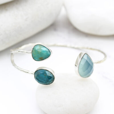 Aqua Chalcedony, Apatite & Turquoise Gemstone Silver Bangle