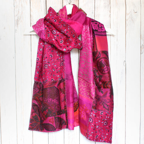 Pink Kantha Handstitched Reversible Silk Scarf