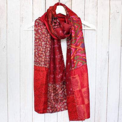 Red Kantha Handstitched Reversible Silk Scarf