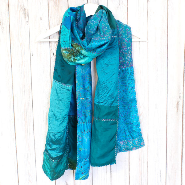 Teal Handstitched Recycled Silk Scarf