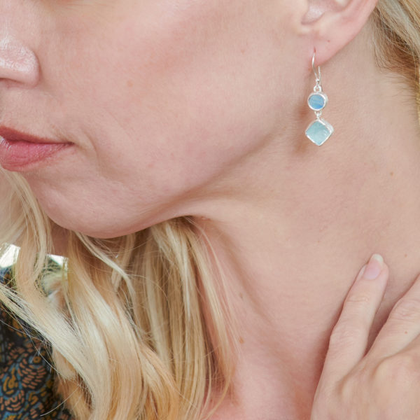 Aquamarine & Rainbow Moonstone Gemstone Ladies Sterling Silver Earrings