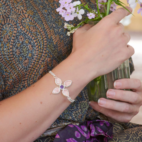 Handmade Rose Quartz & Amethyst Gemstone Sterling Silver Bracelet