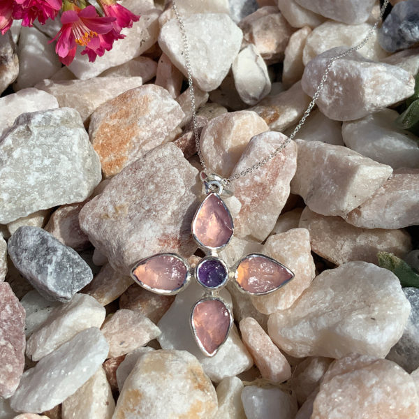 Handmade Rose Quartz & Amethyst Gemstone Flower Pendant Necklace
