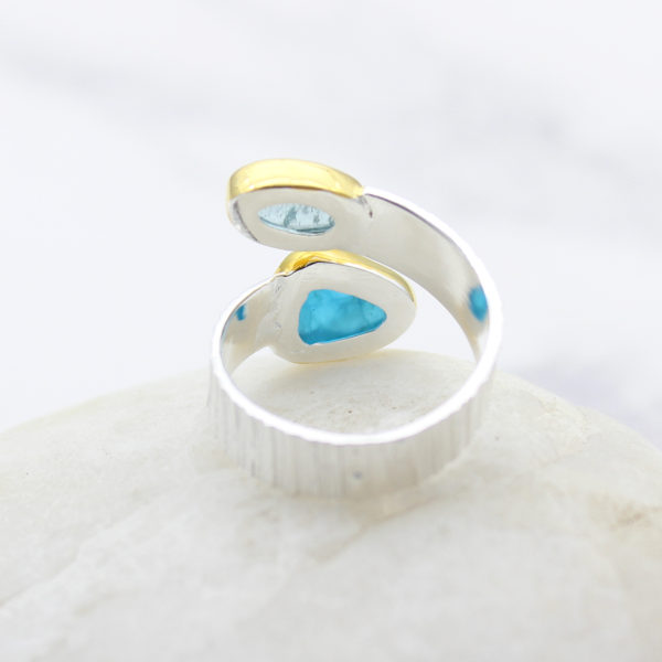 Aquamarine and Apatite Gemstone Adjustable Textured Silver Ring