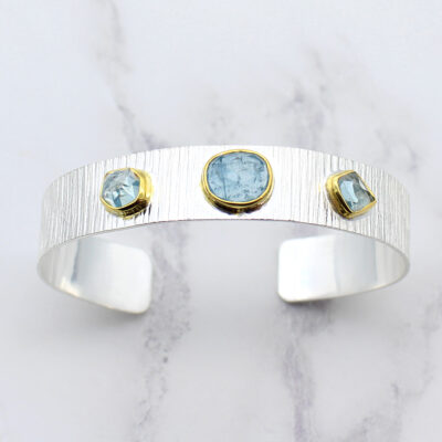Aquamarine Gemstone Textured Sterling Silver Cuff Bracelet