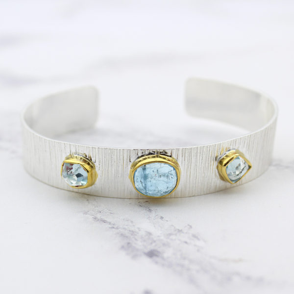 Aquamarine Gemstone Textured Sterling Silver Cuff Bracelet