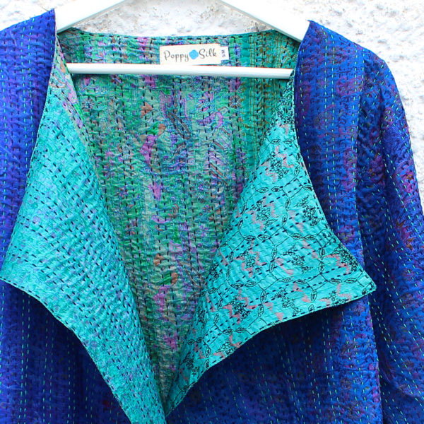 Blue & Green Kantha Hand Stitched Silk Jacket