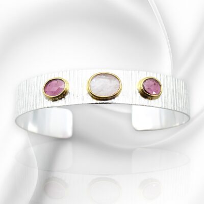 Morganite & Rhodolite Gemstone Textured Sterling Silver Cuff Bracelet