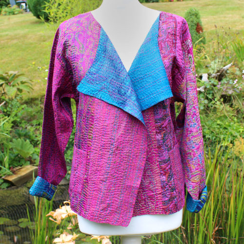 Pink & Blue Kantha Hand Stitched Silk Jacket