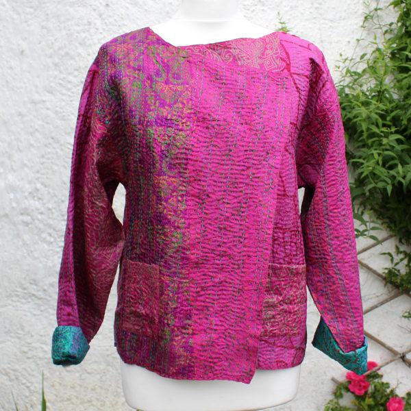 Pink Kantha Hand stitched Silk Jacket
