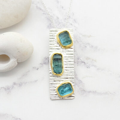 Tourmaline & Apatite Gemstone Handmade Textured Silver Pendant
