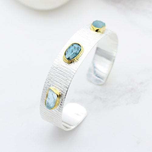 Aquamarine & Moss Kyanite Gemstone Textured Sterling Silver Cuff Bracelet