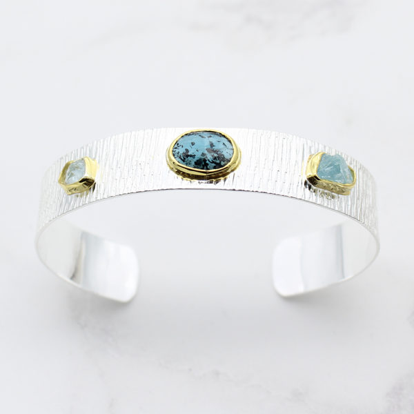 Aquamarine & Moss Kyanite Gemstone Textured Sterling Silver Cuff Bracelet