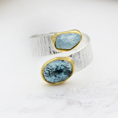 Aquamarine and Moss Kyanite Gemstone Adjustable Textured Silver Ring