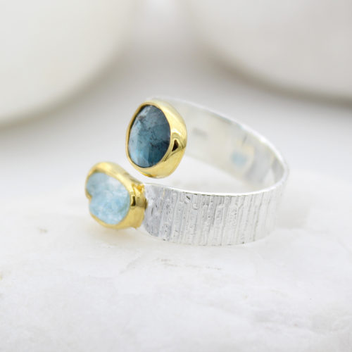 Aquamarine and Moss Kyanite Gemstone Adjustable Textured Silver Ring