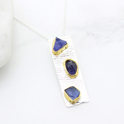 Tanzanite & Iolite Gemstone Handmade Textured Silver Pendant