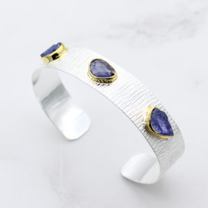 Tanzanite & Iolite Gemstone Textured Sterling Silver Cuff Bracelet