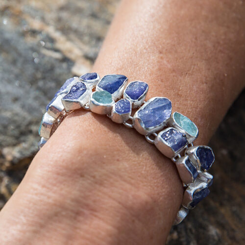 Aquamarine & Tanzanite Gemstone Statement Silver Bracelet