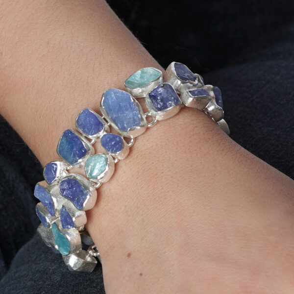Aquamarine & Tanzanite Gemstone Statement Silver Bracelet