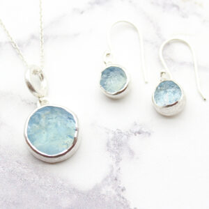 Aquamarine Round Gemstone Silver Pendant and Earrings Set