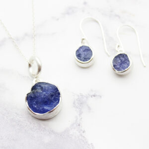 Tanzanite Round Gemstone Silver Pendant and Earrings Set