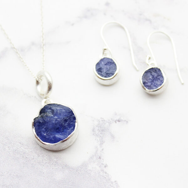 Tanzanite Round Gemstone Silver Pendant and Earrings Set