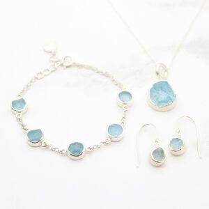 Aquamarine Round Gemstone Silver Bracelet, Pendant and Earrings Set