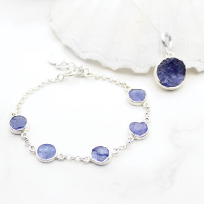 Tanzanite Round Gemstone Silver Bracelet and Pendant Set