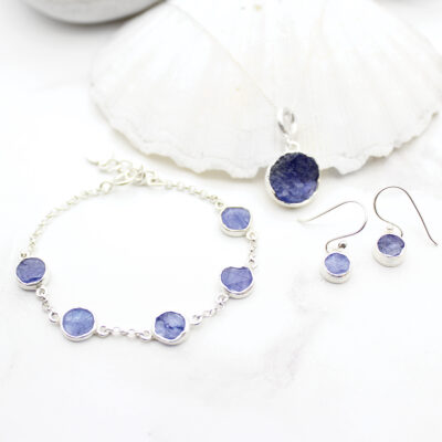 Tanzanite Round Gemstone Silver Bracelet, Pendant and Earrings Set