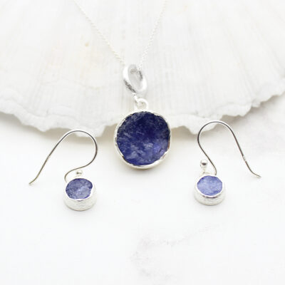 Tanzanite Round Gemstone Silver Pendant and Earrings Set
