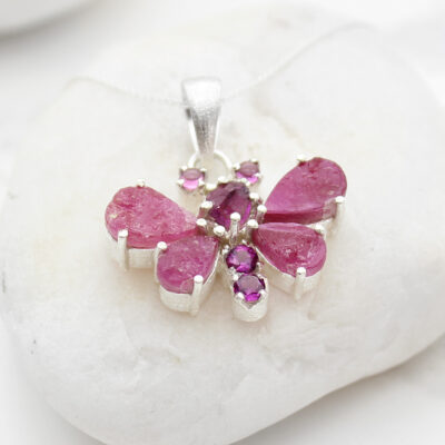 Ruby and Rhodolite Garnet Gemstone Butterfly Ladies Pendant