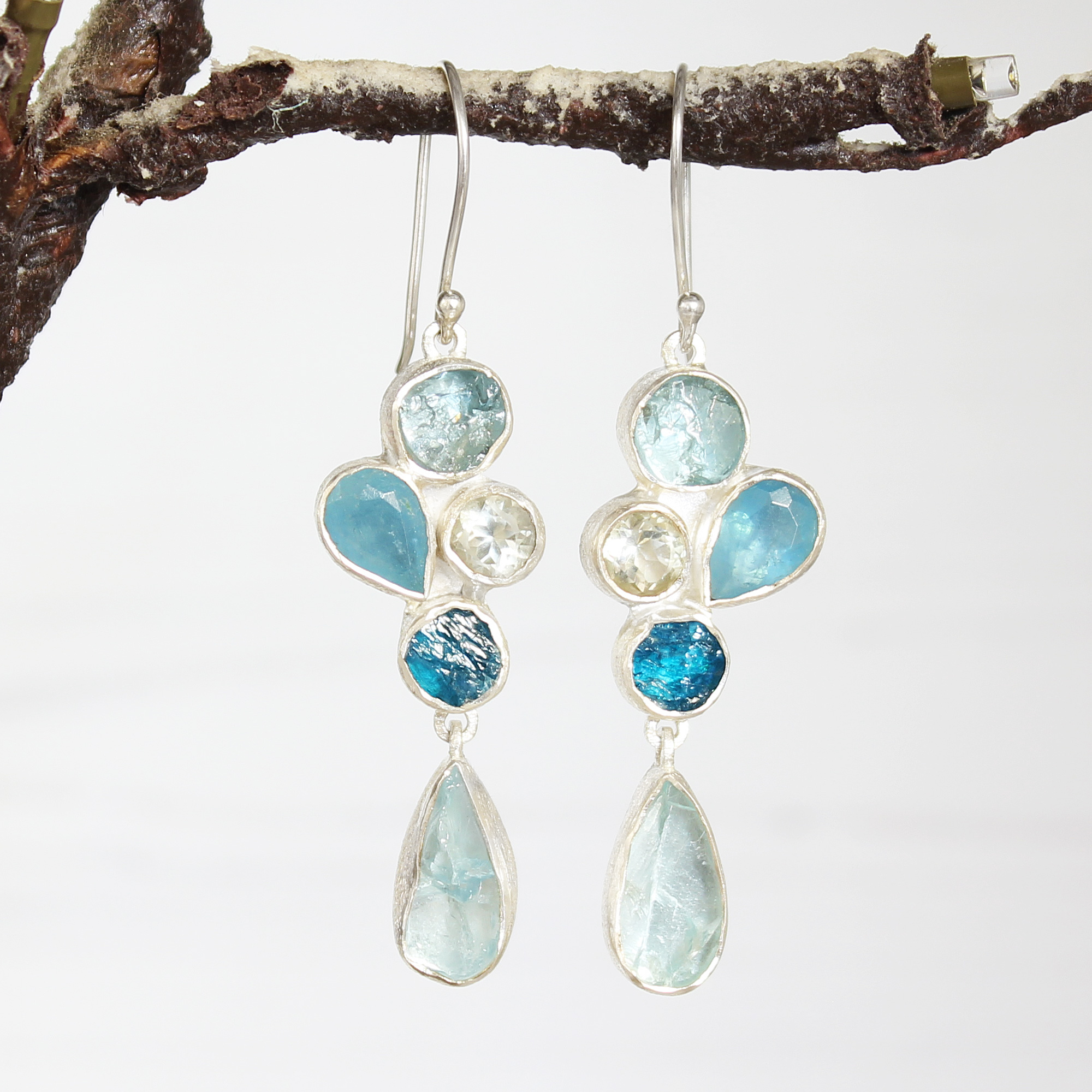 Statement Aquamarine & Apatite Gemstone Ladies Sterling Silver Earrings