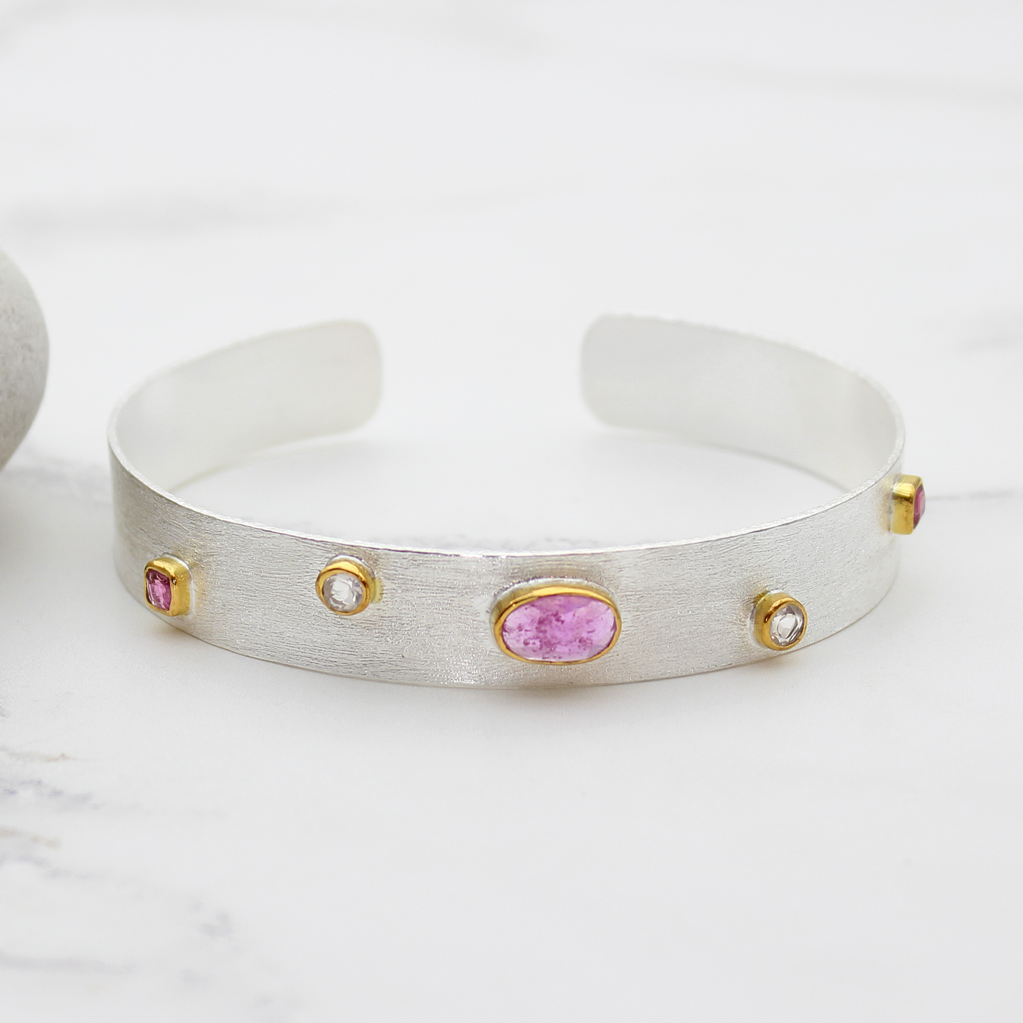 Pink Tourmaline Gemstone Sterling Silver Cuff Bracelet