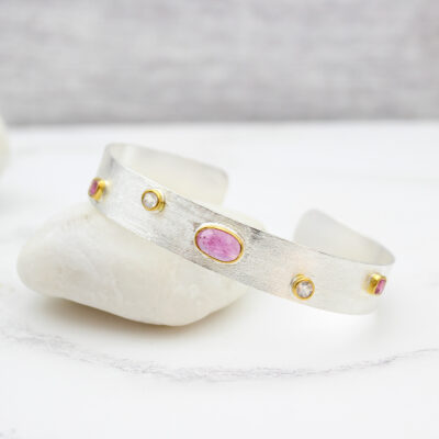 Pink Tourmaline Gemstone Sterling Silver Cuff Bracelet