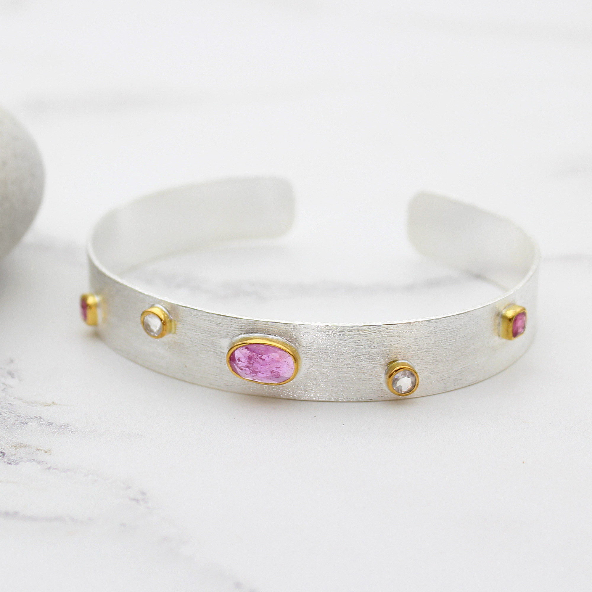 Pink Tourmaline Gemstone Sterling Silver Cuff Bracelet