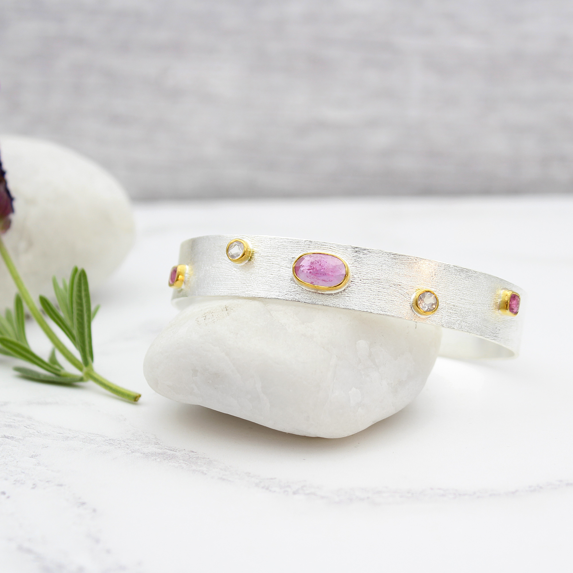 Pink Tourmaline Gemstone Sterling Silver Cuff Bracelet