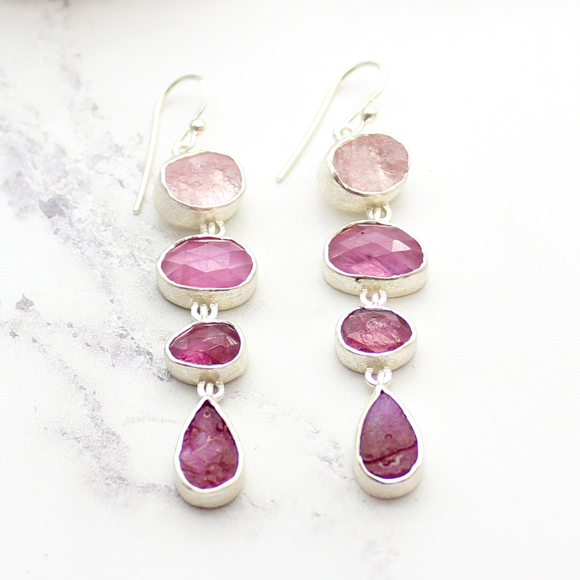 Ruby, Tourmaline & Morganite Gemstone Ladies Sterling Silver Earrings