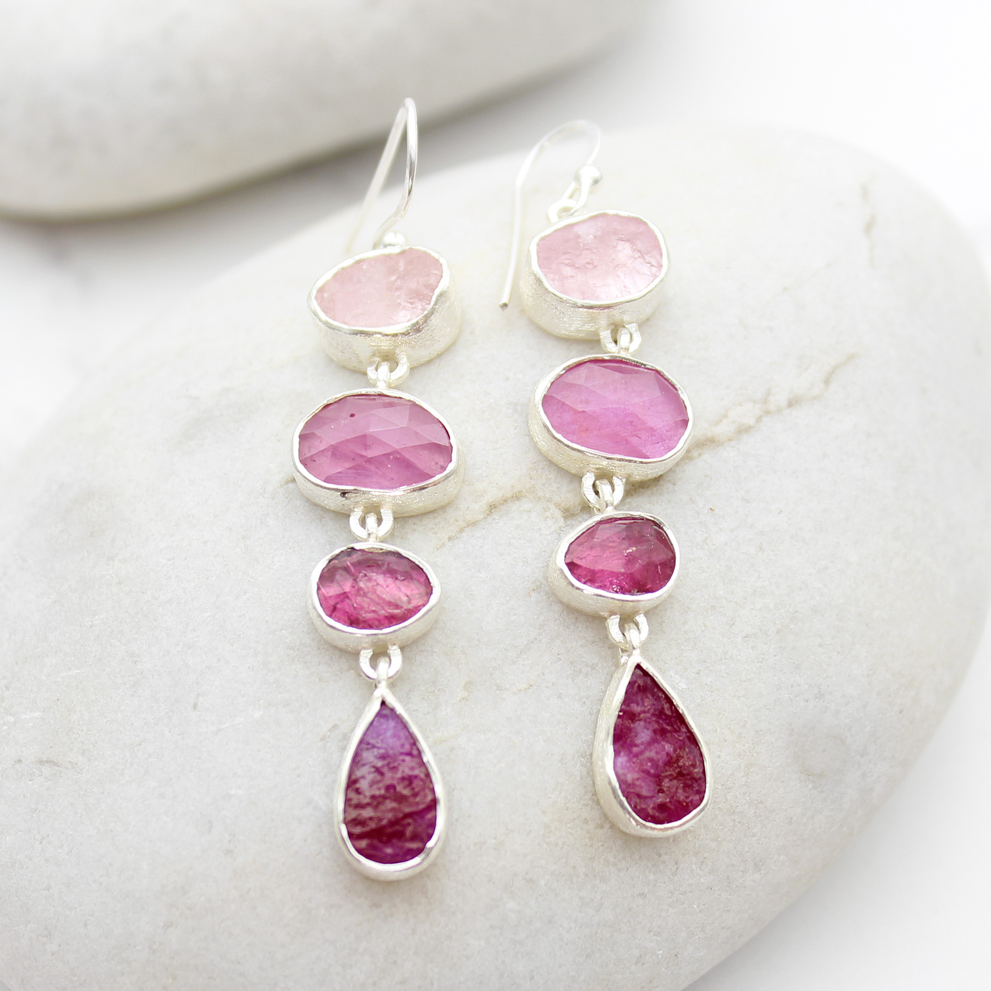 Ruby, Tourmaline & Morganite Gemstone Ladies Sterling Silver Earrings