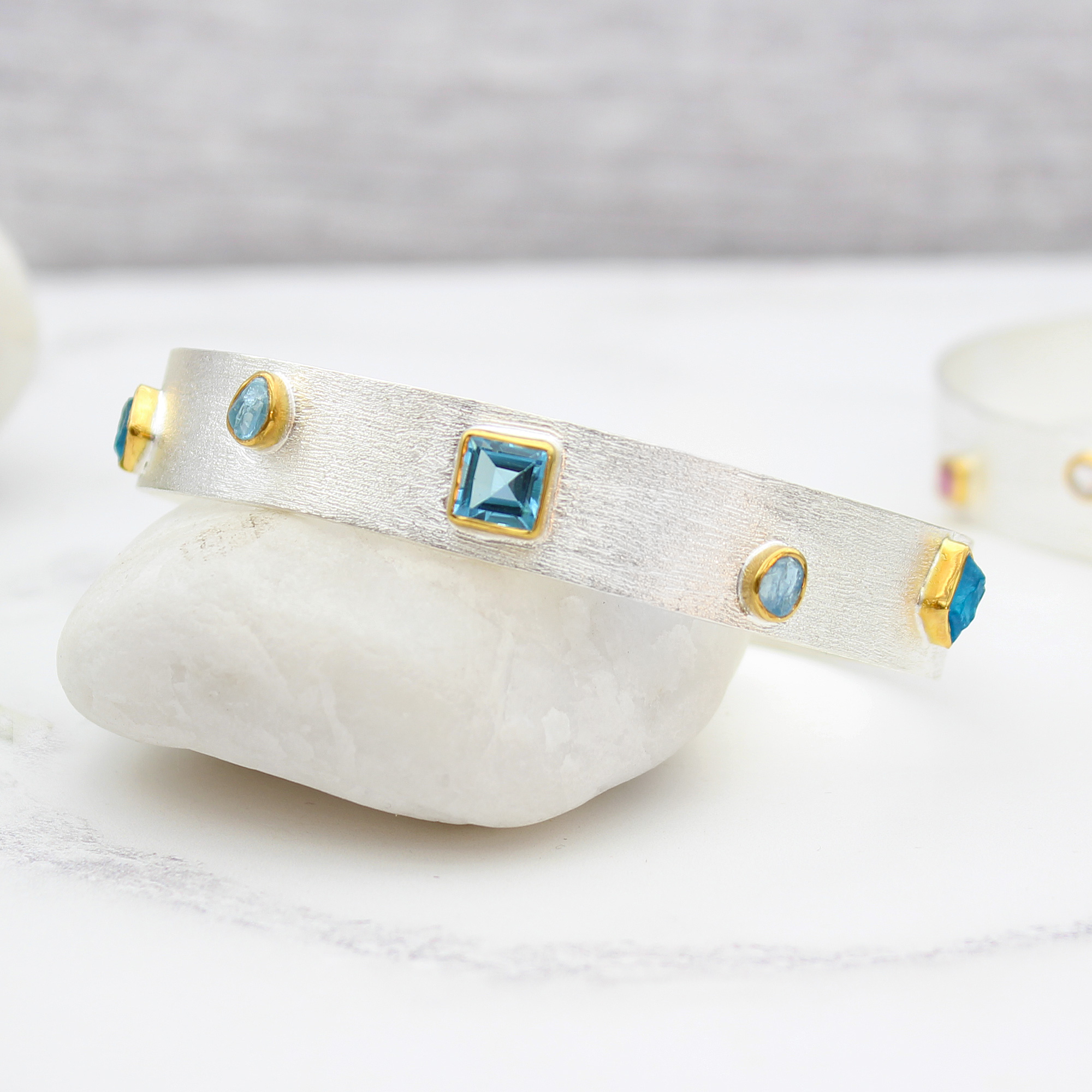 Aquamarine Blue Topaz & Apatite Gemstone Sterling Silver Cuff Bracelet