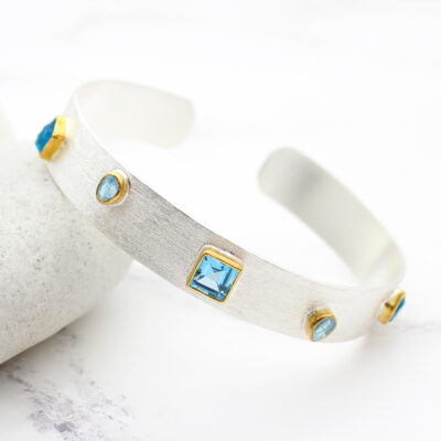 Aquamarine Blue Topaz & Apatite Gemstone Sterling Silver Cuff Bracelet