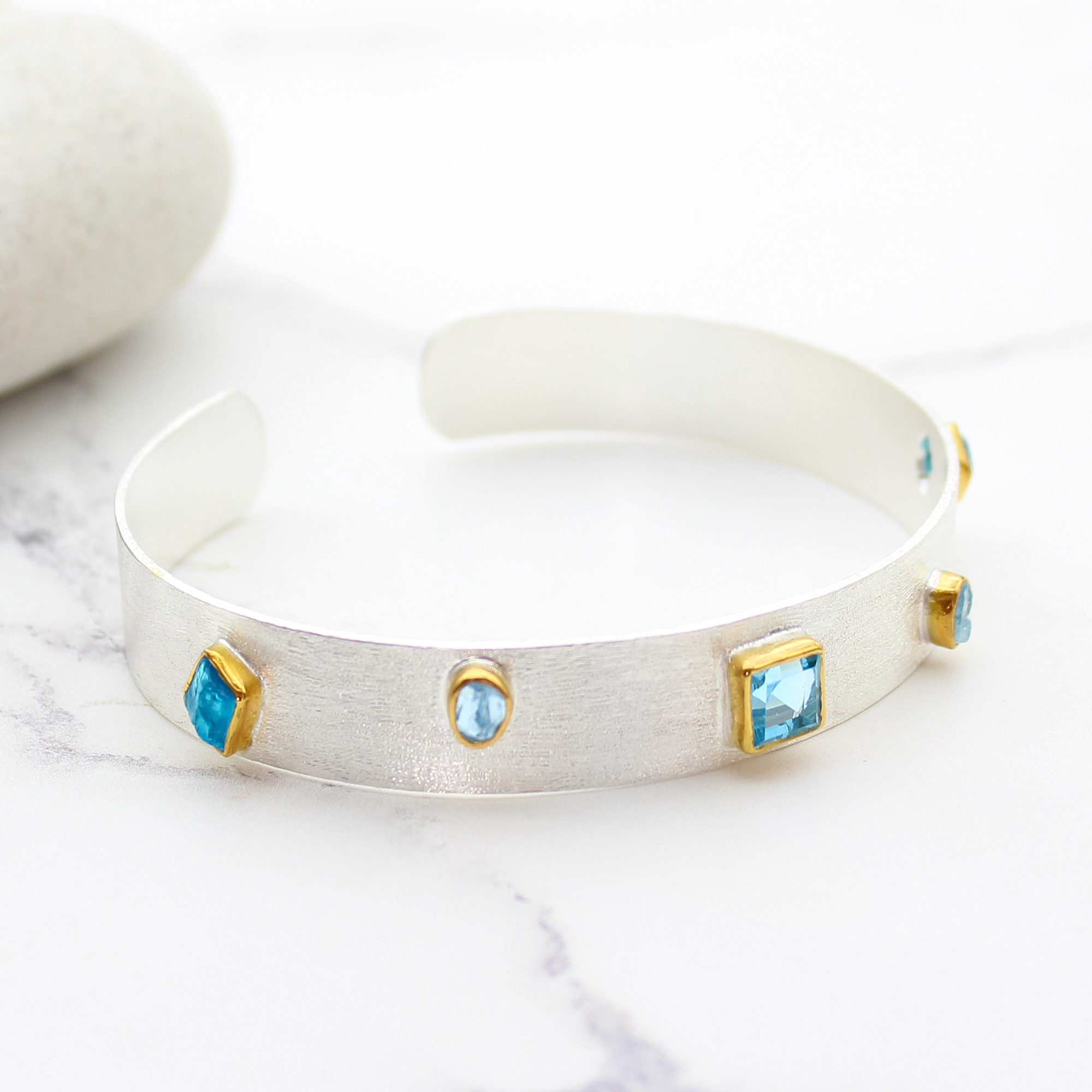 Aquamarine Blue Topaz & Apatite Gemstone Sterling Silver Cuff Bracelet