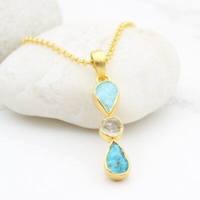 Amazonite, White Quartz & Turquoise Gemstone Gold Plated Sterling Silver Pendant
