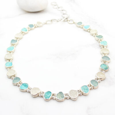 Aquamarine, Amazonite & White Quartz Gemstone Sterling Silver Necklace
