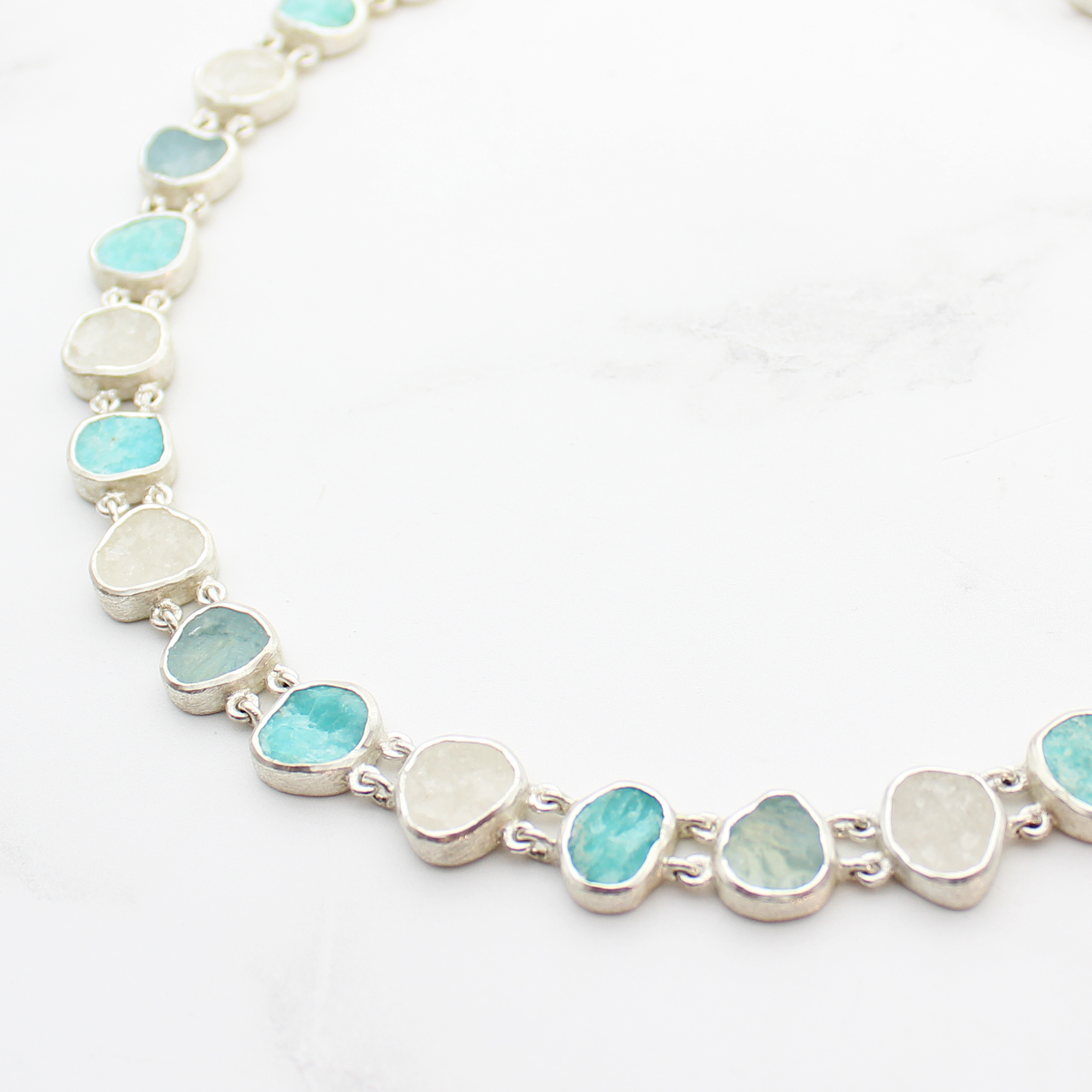Aquamarine, Amazonite & White Quartz Gemstone Sterling Silver Necklace