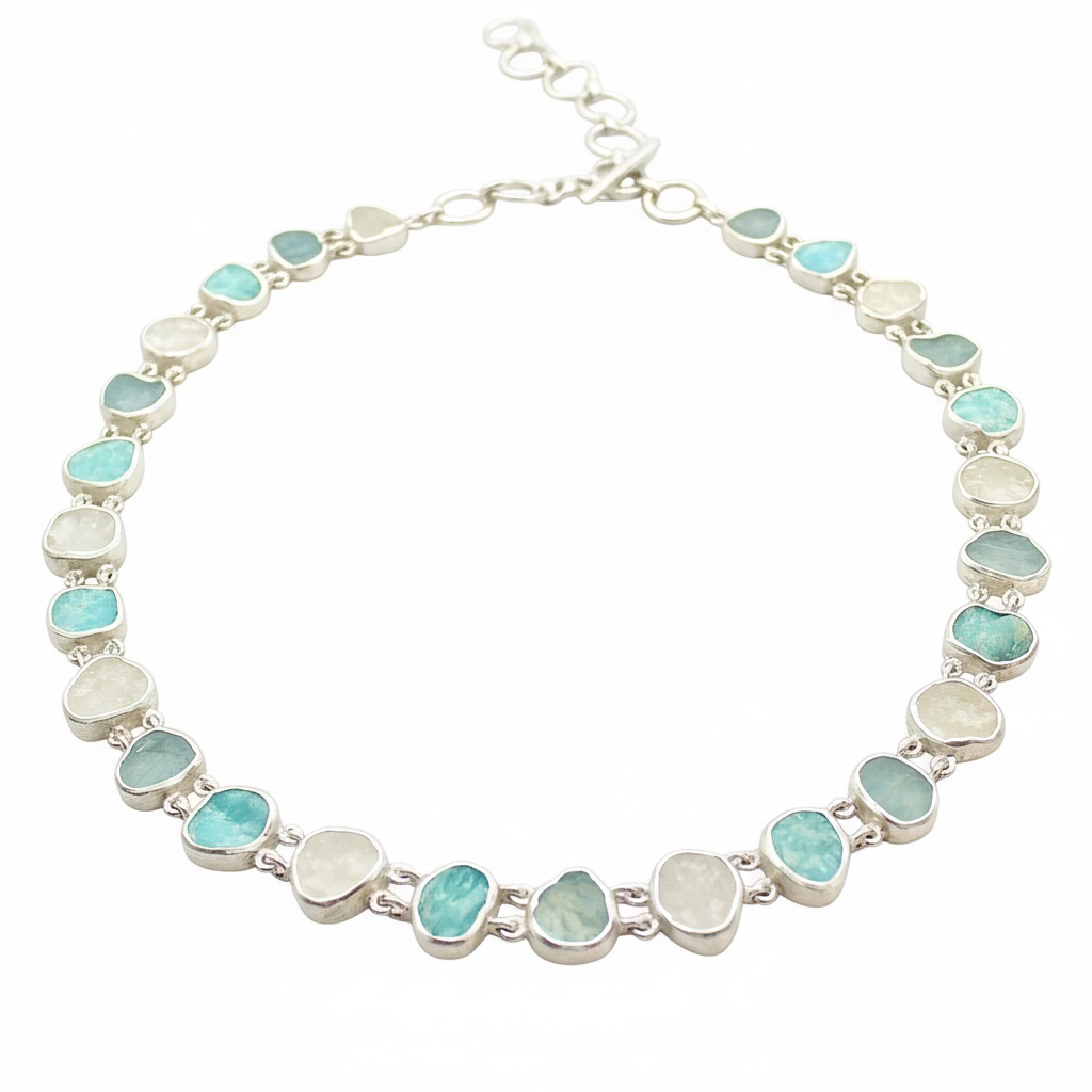 Aquamarine, Amazonite & White Quartz Gemstone Sterling Silver Necklace