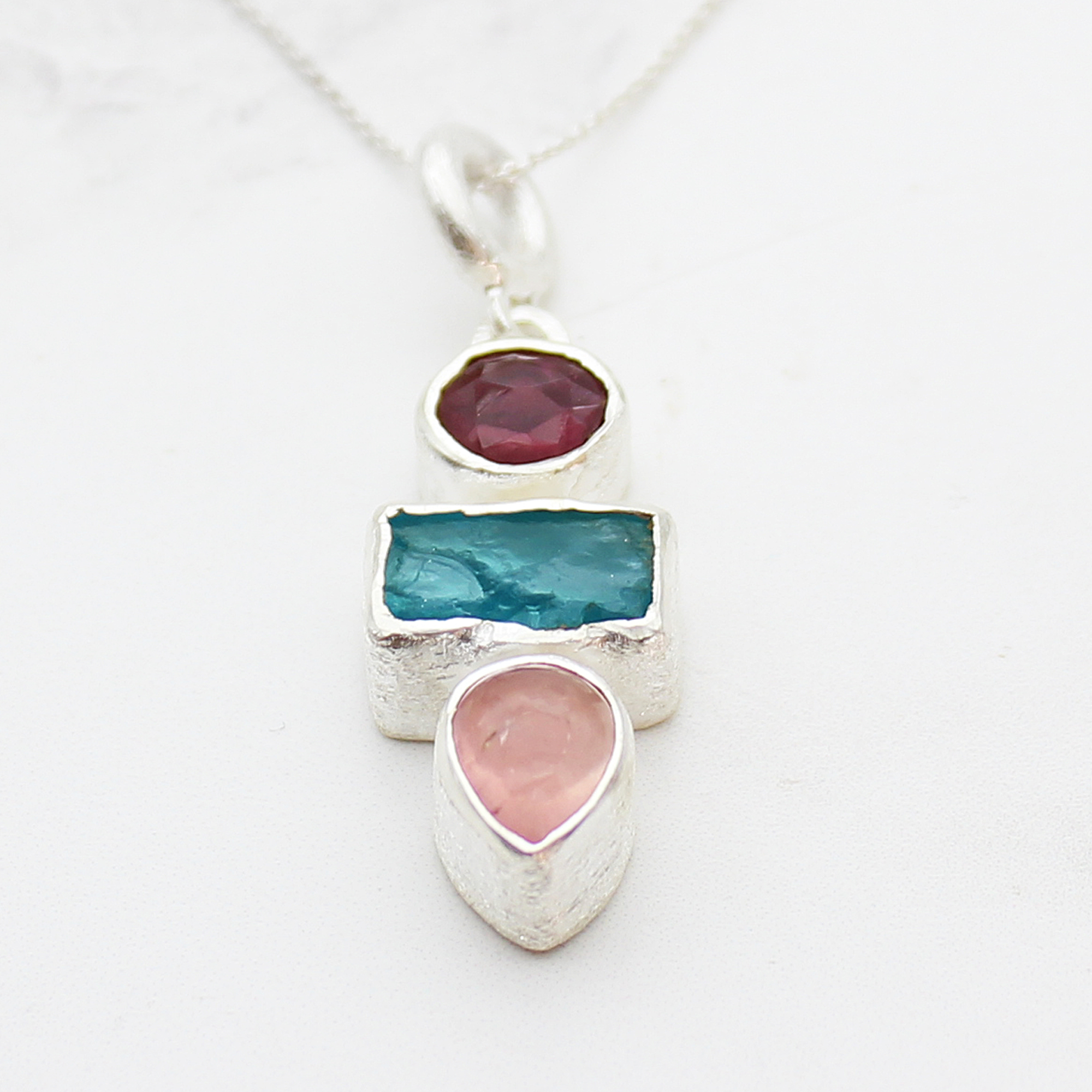 Handmade Pink Tourmaline, Apatite & Rose Quartz Gemstone Pendant